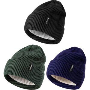 Women  Black+Green+Navy 3-Pack Winter Beanie Hats Fleece Lined Warm SkullCaps